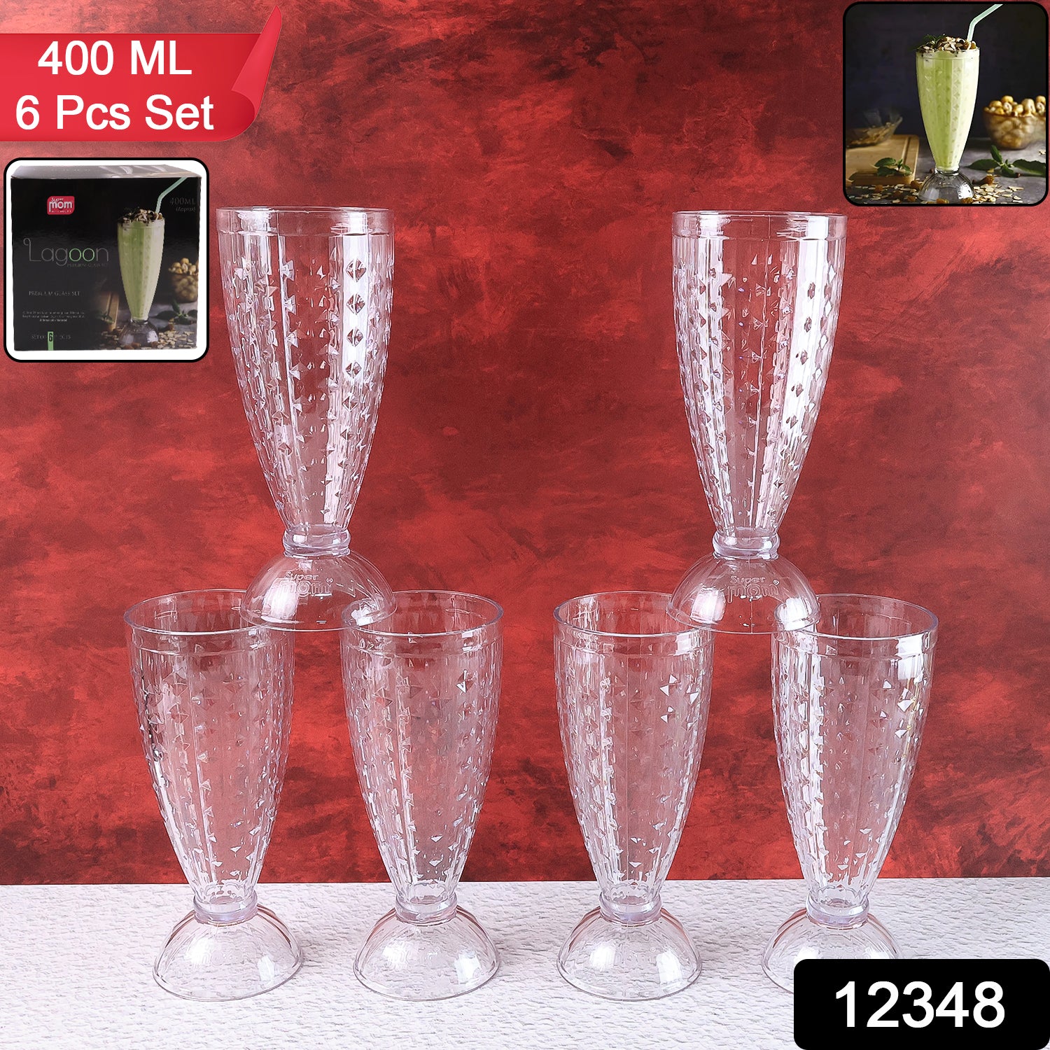 Supermom Transparent Plastic Milkshake Glass Set (400ml  6 Pc) Supermom Transparent Plastic Milkshake Glass Set (400ml  6 Pc)